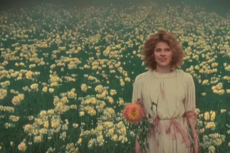 Image similar to vhs 1 9 8 0 s cinema footage of a woman surrounded by giant beautiful flowers smiling at a fire, scene from the movie midsommar, directed by ari aster, vintage film grain