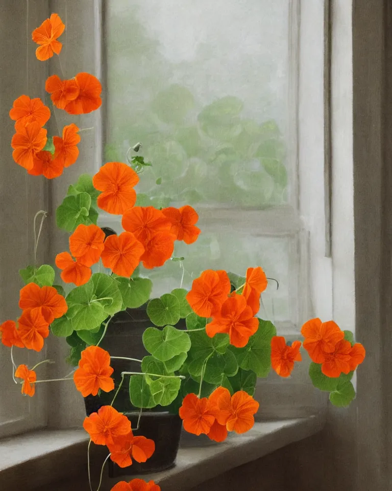 Image similar to fine artwork of a still life arrangement of flowering nasturtiums soft light coming from a window in a dark room, moody, wabisabi, hygge