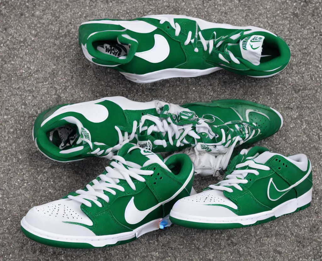 Image similar to a press photograph of nike dunks low pine green and white, size 1 0, white background