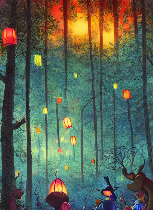 Prompt: a dense forest at night lit by colorful paper lanterns, from the perspective of an ant, massive trees with warm windows, huge tree trunks, low light, dark blue sky, trending on artstation, highly detailed, in the style of Over the Garden Wall and A. A. Milne