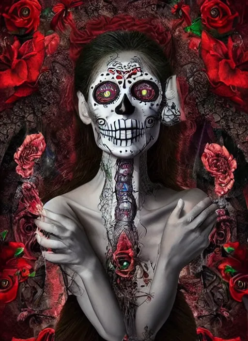 Image similar to dia de los muertos theme surrealist art in the styles of igor morski, jim warren, and giuseppe mastromatteo, intricate, hyperrealistic, accurate facial details, profile picture with chromakey!!!!! background, volumetric lighting