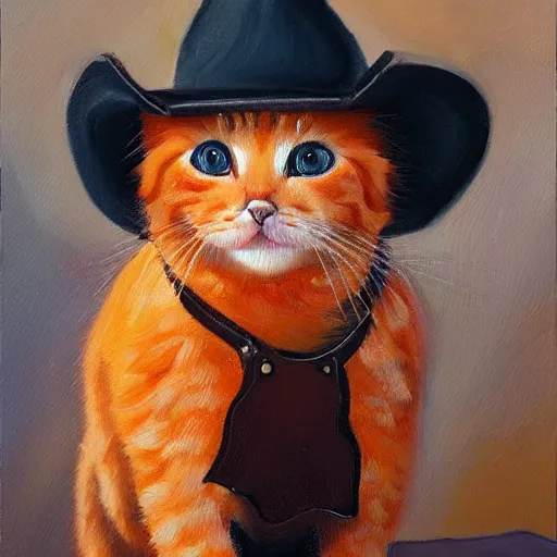 Image similar to a portrait of an orange kitten wearing a cowboy hat and a leather jacket, oil painting