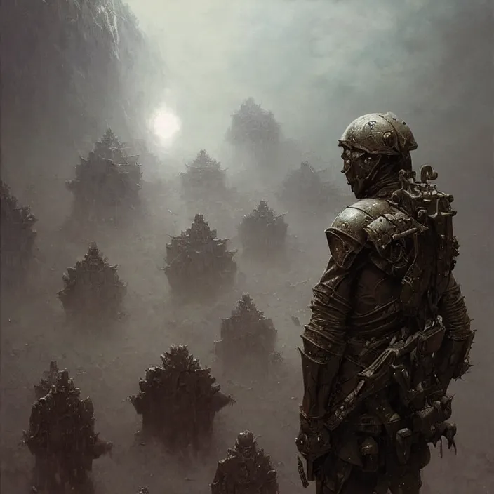 Image similar to 4k fantasy soldier ,art by zdzisław Beksiński, art by greg rutkowski, art by craig mullins, art by thomas kincade, art by Yoshitaka Amano