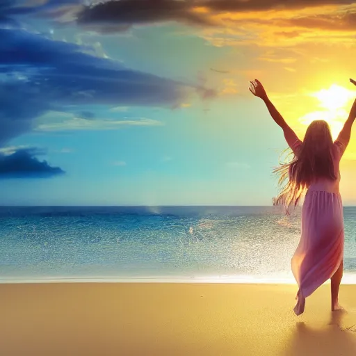 Prompt: young womens in paradise at the sea, golden hour ,joyfulness ,peaceful, holy spirit, joy, guardian angel, space as wall paper, dramatic,,,8k, ultrarealistic , highst resolution