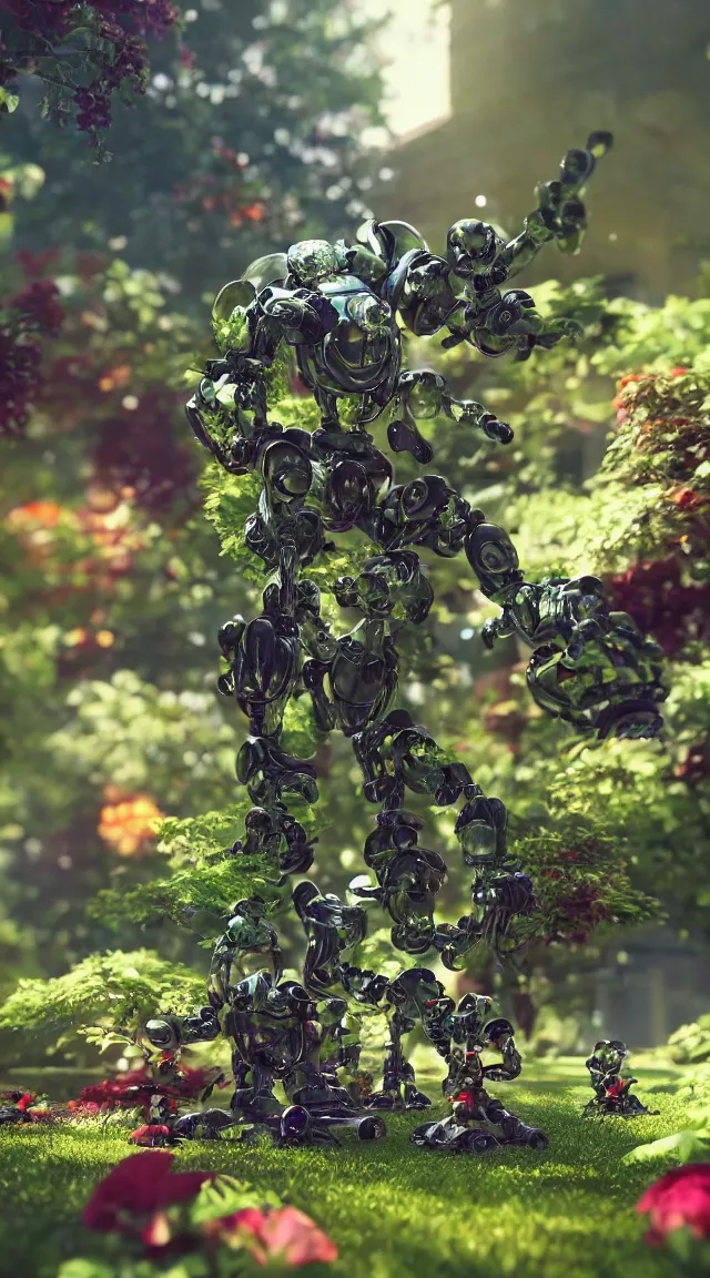 Prompt: tiny robots in a garden, hyper detailed, sharp focus, bokeh, unreal engine, ray tracing, cute, fantasy, sci fi