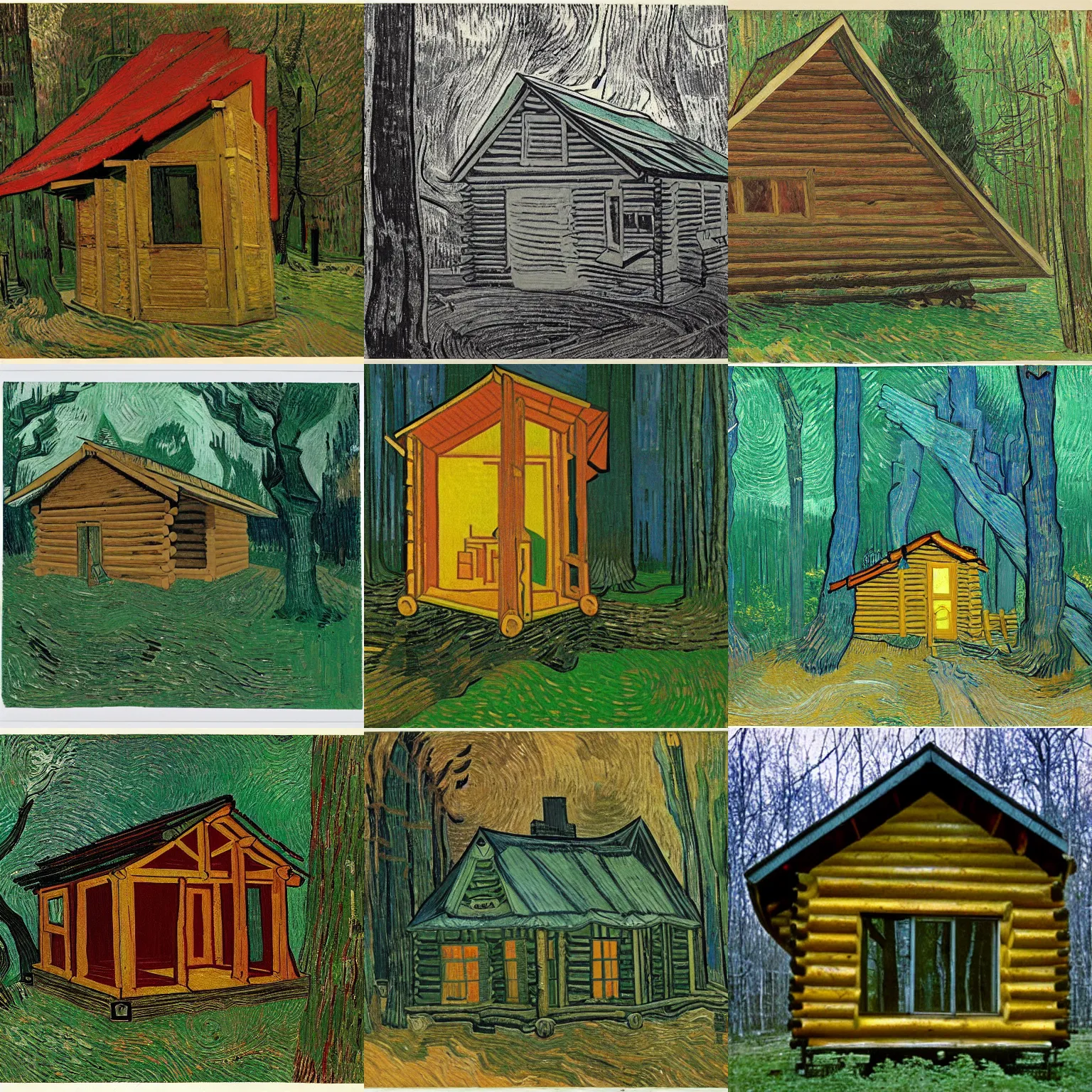 Prompt: [ a log cabin in the forest ] [ van gogh ] [ vito acconci ]