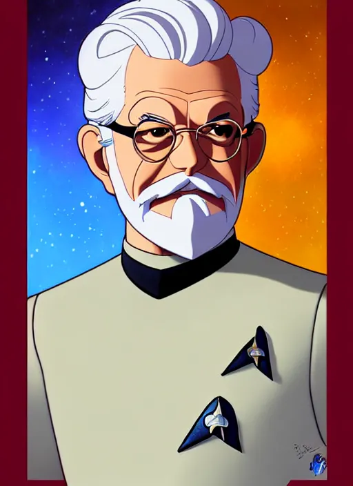 Image similar to cute star trek officer colonel sanders, natural lighting, path traced, highly detailed, high quality, digital painting, by don bluth and ross tran and studio ghibli and alphonse mucha, artgerm