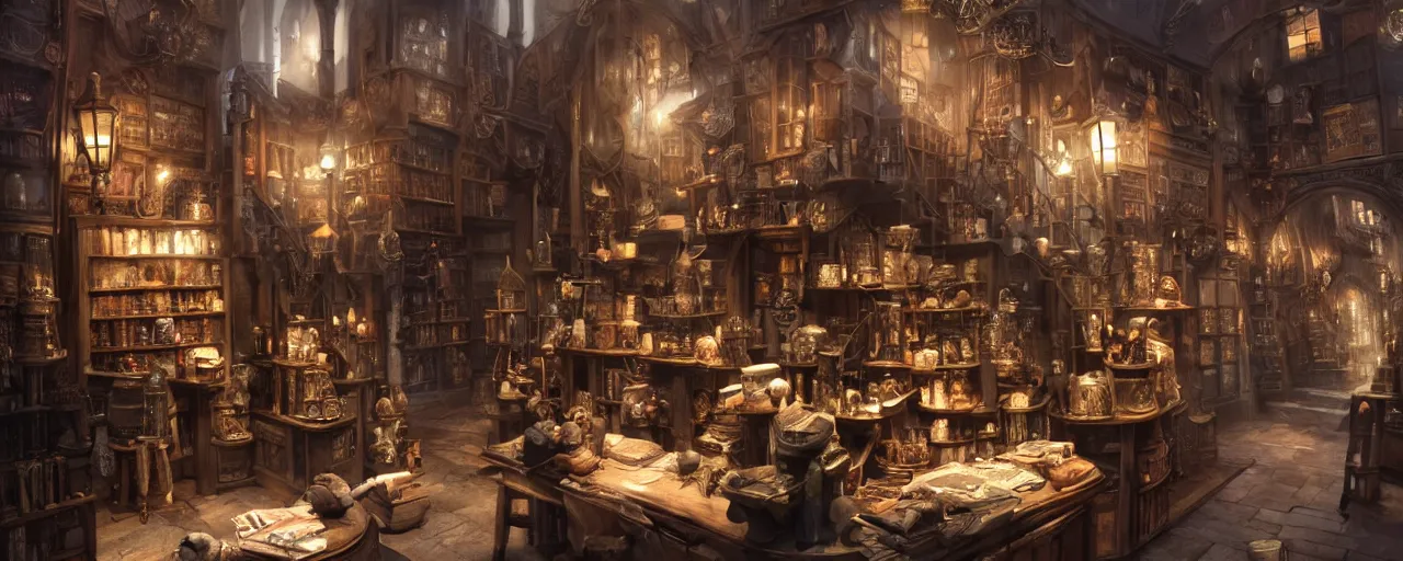 Image similar to most epic dramatic diagon alley magic store interior. epic cinematic hyperrealism masterpiece. realistic poster with shaded lighting by craig mallismo, artgerm, jeremy lipkin and michael garmash, unreal engine, radiant light, detailed and complex environment, digital art, art station trends