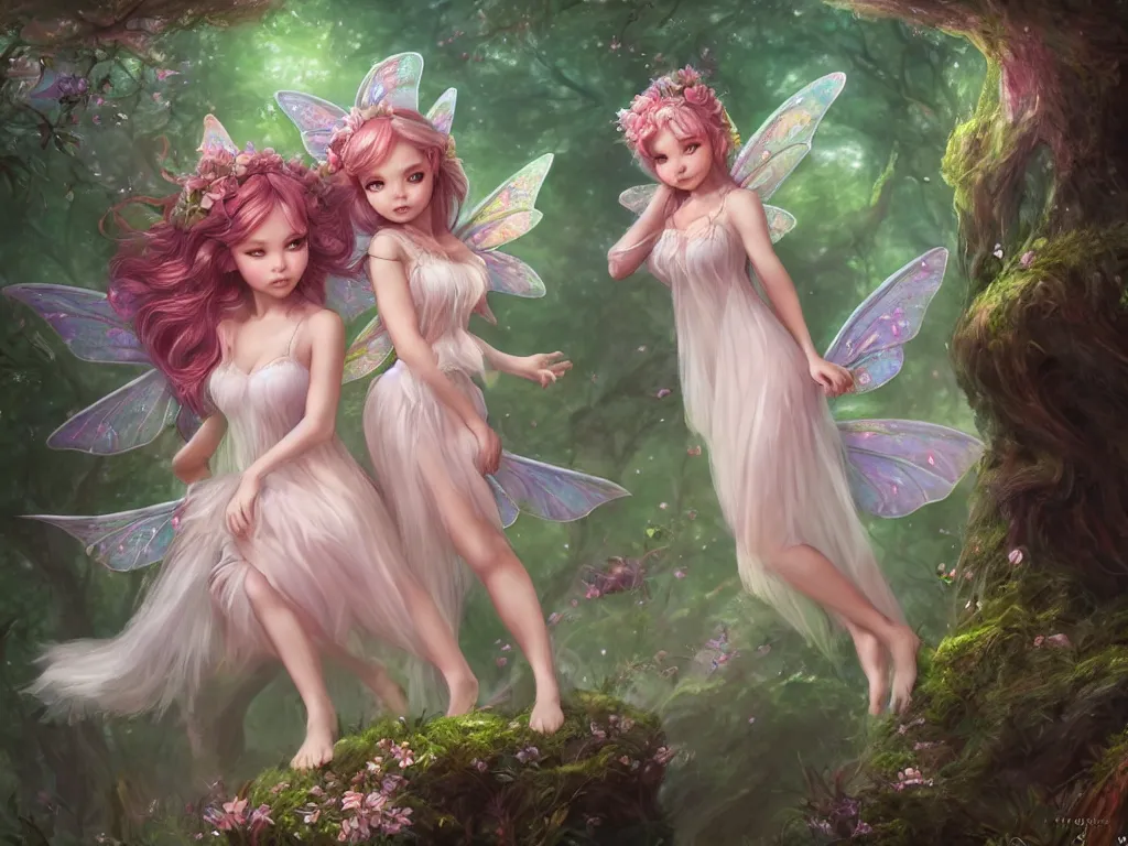 Image similar to two cute fairy in the dreamy forest, fantasy, dreamlike, 8 k resolution, hyper detailed, d & d, character design, digital painting, trending on artstation, sharp focus, illustration, art by artgerm, viktoria gavrilenko, hoang lap, fuji choko, steve zheng