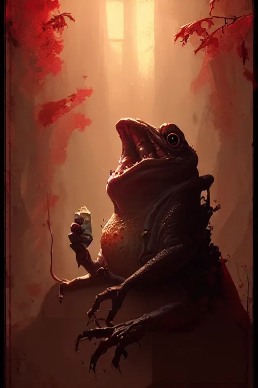 Image similar to greg rutkowski poster. toad wizard