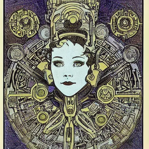 Prompt: robot, drawn by mucha