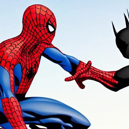 Prompt: Spiderman and Batman fighting.