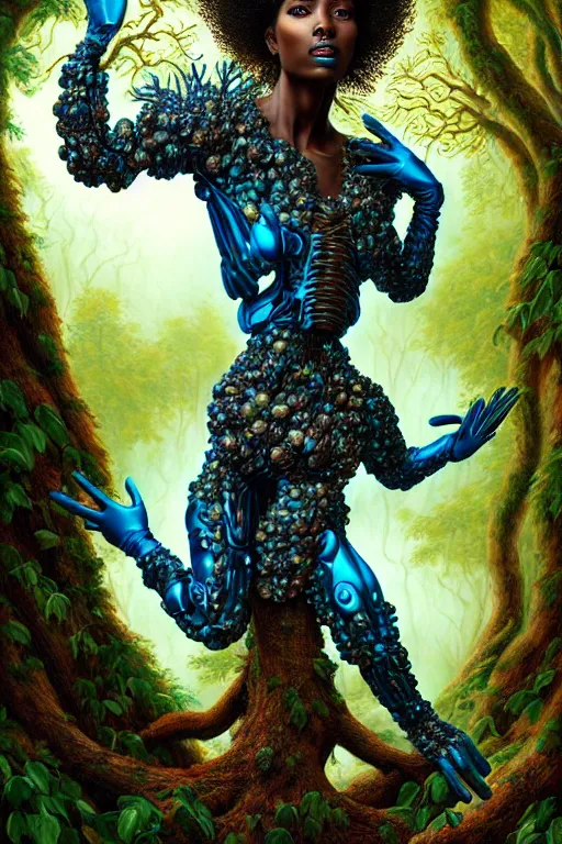 Image similar to hyperrealistic post-rococo super expressive! black woman with exoskeleton armor, merging with tree in a forest, highly detailed digital art masterpiece smooth cam de leon hannah yata dramatic pearlescent blue teal light ground angle hd 8k sharp focus