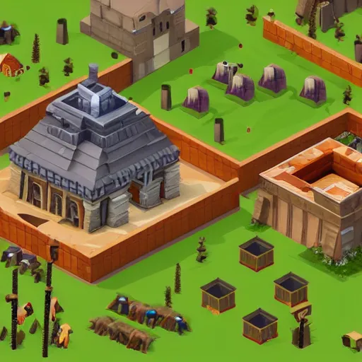 Prompt: Isometric building construction, low poly style like age of empires, hd