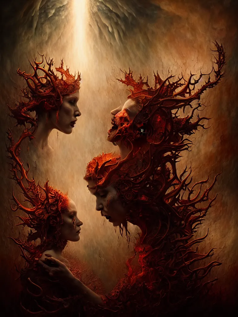 Image similar to epic professional digital art the war between heaven and hell, horrific yet beautiful vibe, evocative, atmospheric lighting, painted, intricate, highly detailed, by leesha hannigan, wayne haag, reyna rochin, ignacio fernandez rios, mark ryden, iris van herpen, artstation, cgsociety, stunning, gorgeous, sharp focus, cinematic, masterpiece