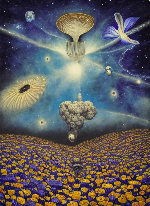 Image similar to detailed, intricate blue black and purple papaverum flower on the field, nebula, galaxy in the sky, winning award masterpiece, fantastically beautiful, illustration, aestheticly inspired, jacek yerka, upscale with anguissola sofonisba work, artstation, 8 k