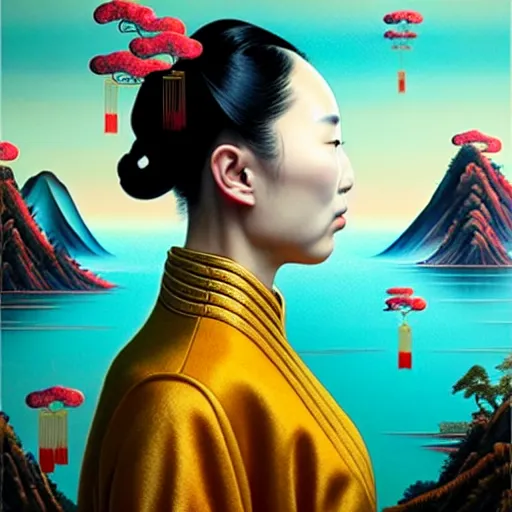 Image similar to portrait of a chinese woman :: side profile :: blood :: background sea :: intricate details in gold :: oxygen implant :: 8k :: simon stalenhag and Sandra Chevrier