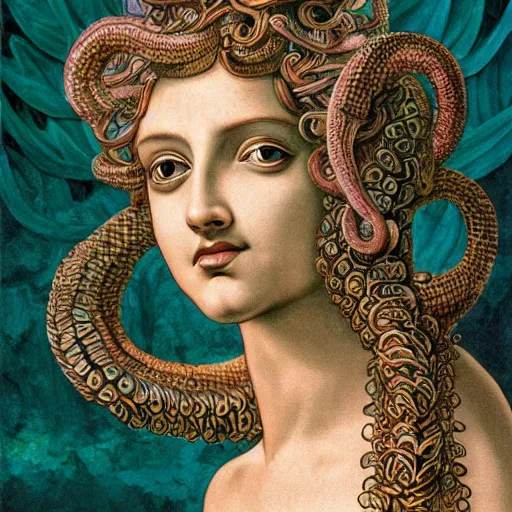 Prompt: detailed, portrait of medusa, beautiful, pretty girl, surrounded by lotus flowers and geometry