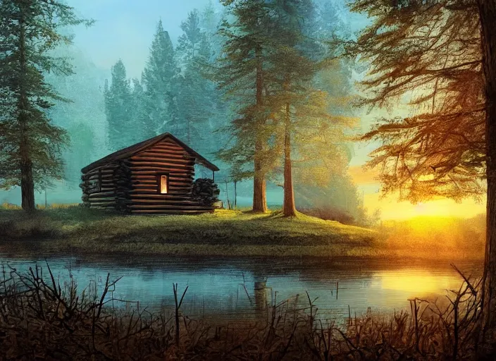 Prompt: a cabin in a forest by a lake with a sunset, realistic, digital painting, artstation