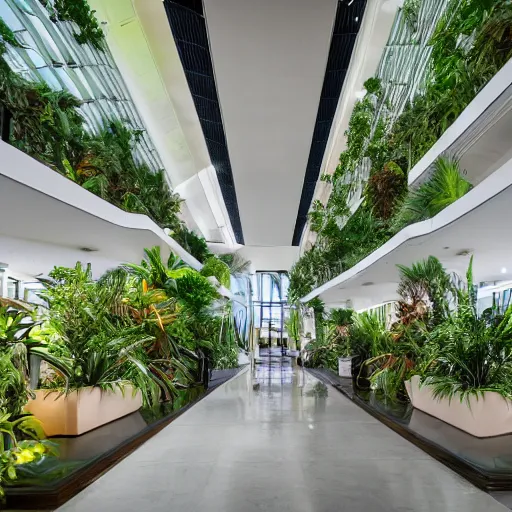 Prompt: The atrium of a refurbished contemporary building filled with tropical plants, 4k