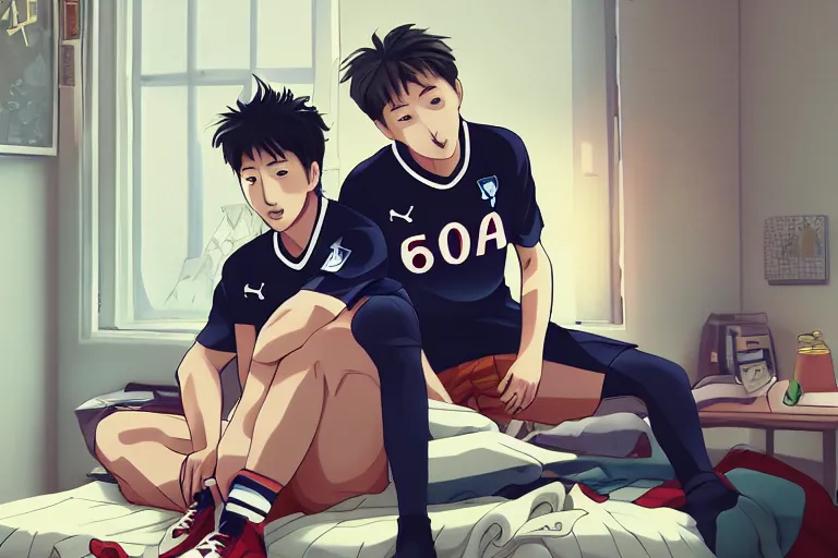 Image similar to beautiful anime harry kane and son heung-min sitting in a 90s teenagers bedroom, highly detailed, realistic, dynamic lighting, cinematic, masterpiece, trending on artstation,
