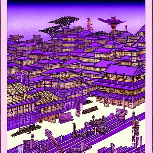 Prompt: purple cyberpunk city, by Hokusai