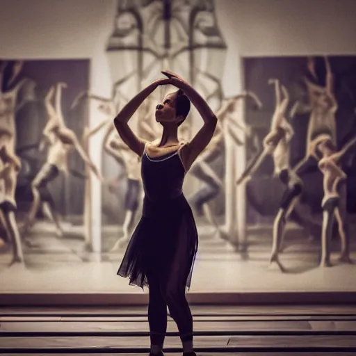 Image similar to , a woman filling ballet surrounded by a crowd of ancient civilisations 5 0 mm lens, f 1. 4, sharp focus, ethereal, emotionally evoking, head in focus, volumetric lighting, 8 k