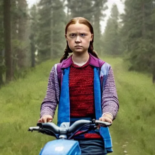 Image similar to Greta Thunberg as eleven in Stranger Things