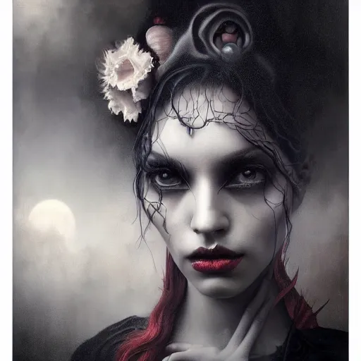 Prompt: By Tom Bagshaw, ultra realist soft painting portrait of curiosities carnival by night, very beautiful single outlaw star fully dressed fading, symmetry accurate features, very intricate details, ominous sky, black and white, volumetric light clouds