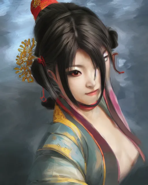 Image similar to beautiful portrait of oichi , sana from twice in sengoku basara in the paintetly style of WLOP, artgerm, brush stroke oil painting, dynamic lighting, imagine fx, artstation