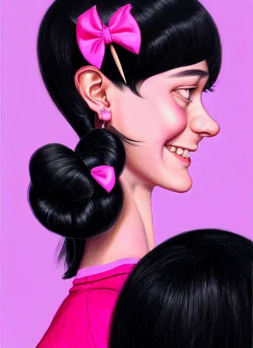 Image similar to portrait of high school girl, realistic, black hair, bangs, half updo hairstyle, pointy nose, skinny, smile, ugly, defined jawline, big chin, pink hair bow, earrings, intricate, elegant, glowing lights, highly detailed, digital painting, artstation, sharp focus, illustration, art by wlop, mars ravelo and greg rutkowski