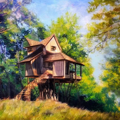 Image similar to treehouse in the countryside on a sunny day, peaceful, dreamy, brush strokes, oil painting