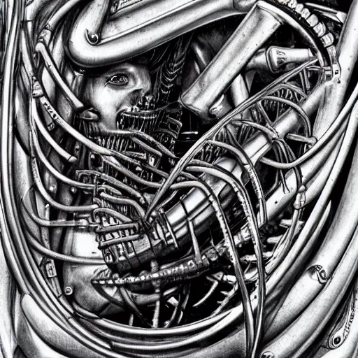 Prompt: britney spears encased in biomechanical machine, heavy conduits, complex scene, rich composition, heavy in detail, corruption, smooth, sharp focus, airbrush, illustration, symmetrical, portrait, art by h. r. giger