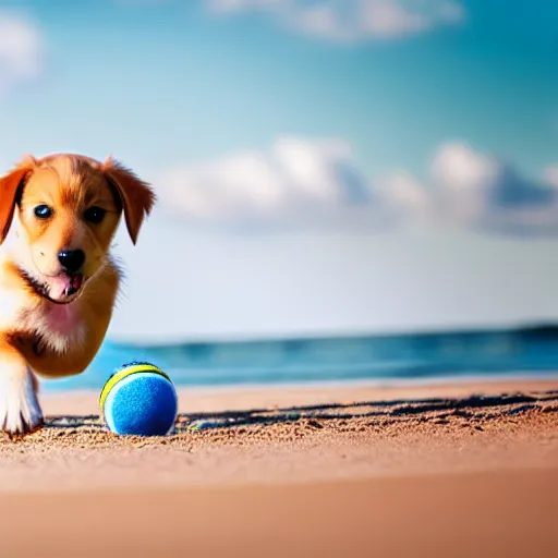 Image similar to cute puppy playing with a tennis ball at the beach, photo shoot, realistic, cinematic