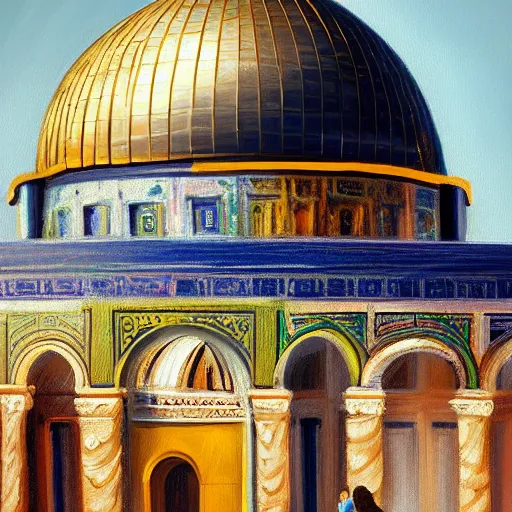 Image similar to a beautiful oil painting flyer design illustration of dome of the rock jerusalem hands hugging it, intricate, elegant, highly detailed, digital painting, artstation, concept art, smooth, sharp focus, illustration