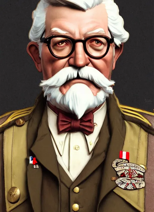 Image similar to close up portrait of colonel sanders, decorated civil war veteran, union uniform by artgerm, cushart krenz, greg rutkowski, mucha. art nouveau. gloomhaven, military symbolism, fried chicken, sharp edges. ultra clear detailed. 8 k. elegant, intricate, octane render