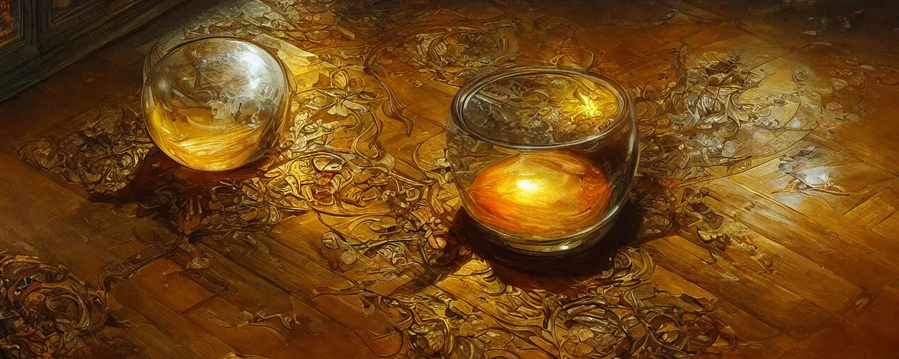 Prompt: on a wooden floor there is a crystal glass with a goldfish swimming inside, close up view, dramatic lighting, DOF, caustics, soft, sharp focus, art nouveau, intricate artwork by Raymond Swanland and Greg Rutkowski