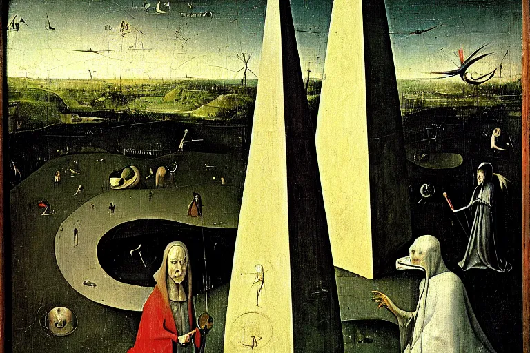 Prompt: the white obelisk the serpent and the black obelisk, oil on canvas, high detail, by hieronymus bosch