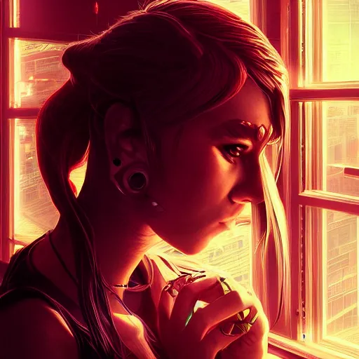 Image similar to portrait of cyberpunk woman looking out of a window, cyberpunk setting, futuristic, highly detailed, intricate lighting, digital painting, sharp focus, illustration, trending on artstation, art by marc brunet.