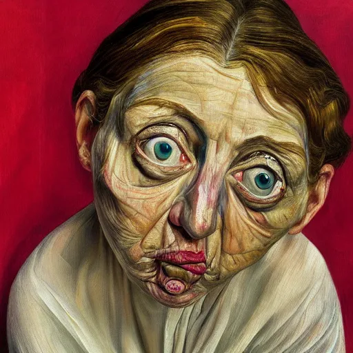 Image similar to high quality high detail painting by lucian freud, hd, scared woman, big eyes, vivid colors, photorealistic lighting