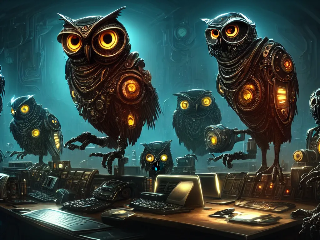 Image similar to an giant evil, malevolent, cyborg owls looking at a computer, surrounded by computer screens. steampunk, intricate, elegant, fantasy, highly detailed, digital painting, concept art, sharp focus, illustration, beautiful lighting, epic light, artstation, colorful, dramatic