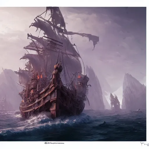 Image similar to Fantasy pirate ship, Dynamic lighting, cinematic, establishing shot, extremely high detail, foto realistic, cinematic lighting, pen and ink, intricate line drawings, post processed, concept art, artstation, matte painting, style by Raphael Lacoste, Eddie Mendoza