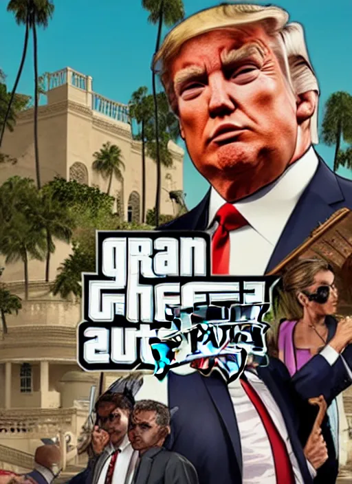 Image similar to gta 5 game poster showing donald trump with cardboard box outside mar - a - lago, wide shot,