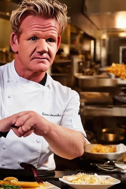 Prompt: photograph of chef gordon ramsay pretending to enjoy eating at mcdonald's, realistic, highly detailed,