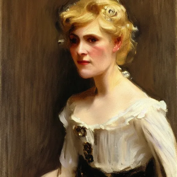 Image similar to closeup portrait of a middle aged maid with blonde hair, by sargent, 1880