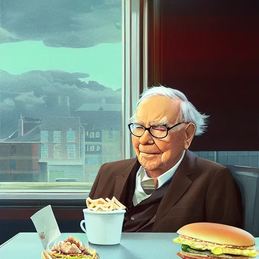 Prompt: portrait of warren buffett, sitting inside a mcdonalds, hamburger, exude an eternity, hyperrealistic, by beeple, greg rutkowski, caspar david friedrich, smooth, illustration, elegant, artstation, digital painting.