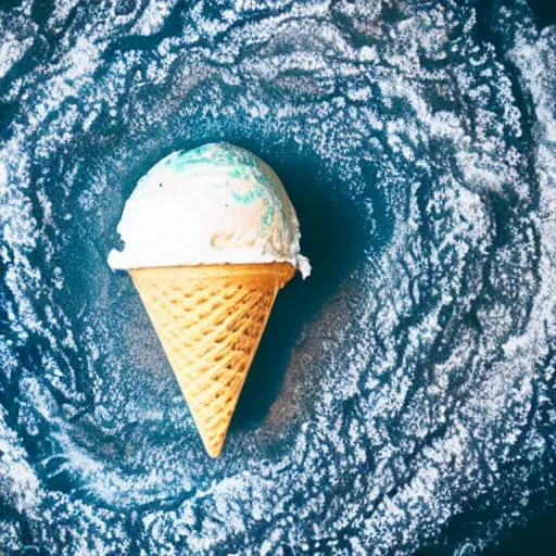 Image similar to earth made of ice cream, in a cone, which is melting under the heat