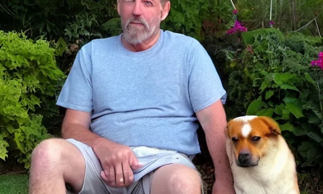 Image similar to My dad Steve just took a hit from the bongo and have good time being gracefully relaxed in the garden, sunset lighting. My second name is Carell. My dad second name is Carell. Im the dog and Steve Carell is my dad. Detailed face. Dog is long