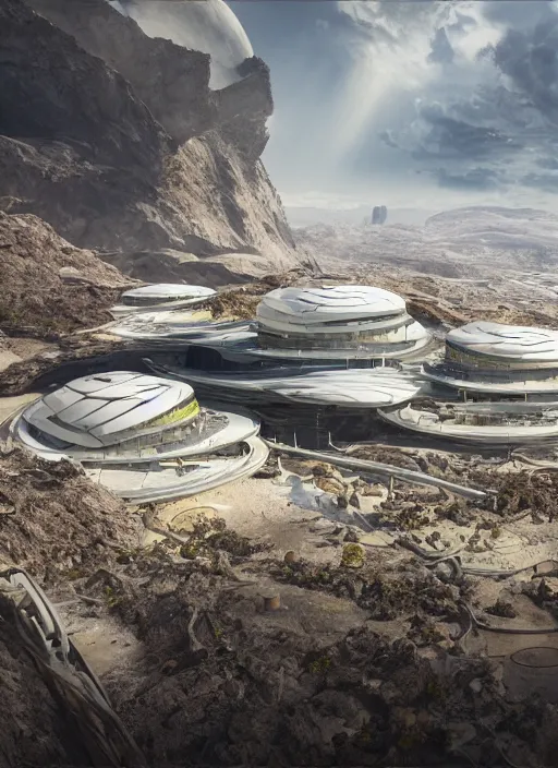 Image similar to bioremediation white mining tailing futuristic horizontal architecture in chuquicamata, epic, cinematic, hyperealistic, high detailed, corona render, hdr, ray tracing