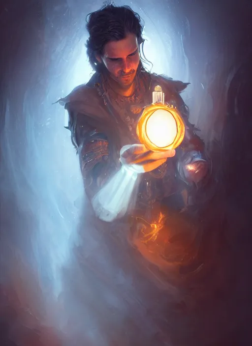 Prompt: portrait of a man with long black hair in brown rags holding a glowing device, fantasy, d & d, heartstone, digital painting, volumetric light, intricate, sharp, focus, bloom, illustration, highly detailed, concept art, matte, ruan jia, randy vargas, greg rutkowski